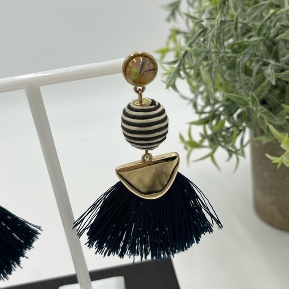 Baublebar Blue/White Ball with Blue Fringe Nautical Mamba Statement Earrings 3” - Picture 4 of 13